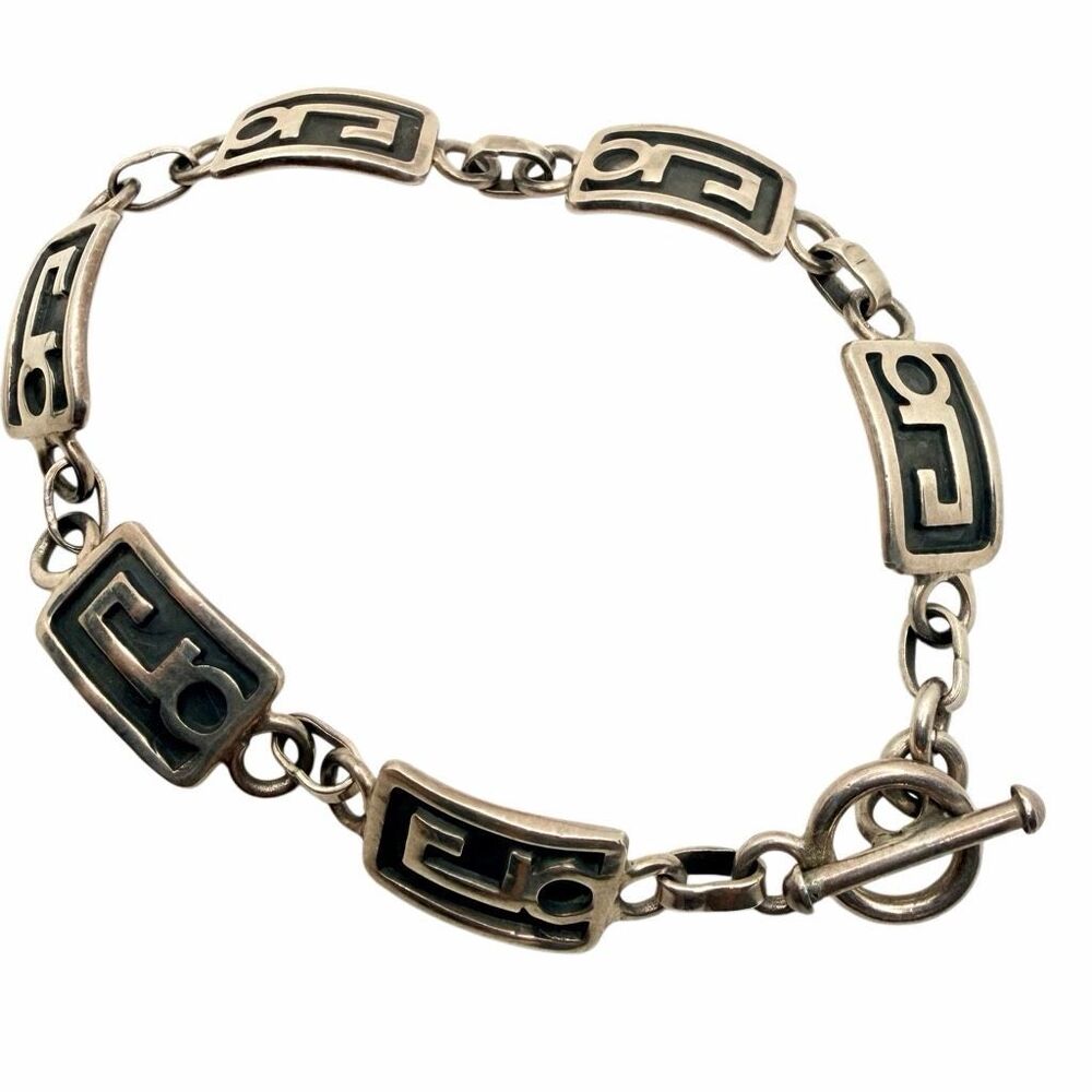 Vintage Mexico 925 Sterling Silver Black Enamel Geometric Link Bracelet Taxco St